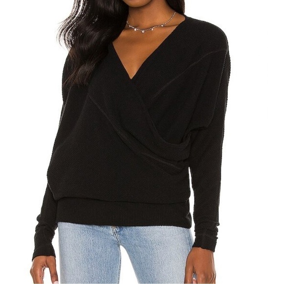 NWT Free People Cozy With You Pullover Faux Wrap Sweater in Black - Picture 2 of 6